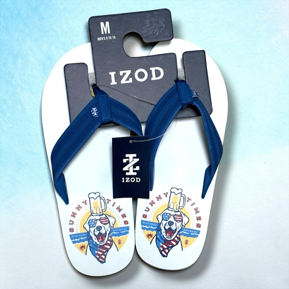 IZOD Mens Sunny Times Beachside Brewery Dog‎ Flip Flops Blue White Size M 9-10